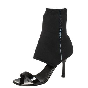 NEW $990+ Prada Black Sock Ankle Knit Open Toe Heel Sandals SZ IT 39.5/US 9.5-9